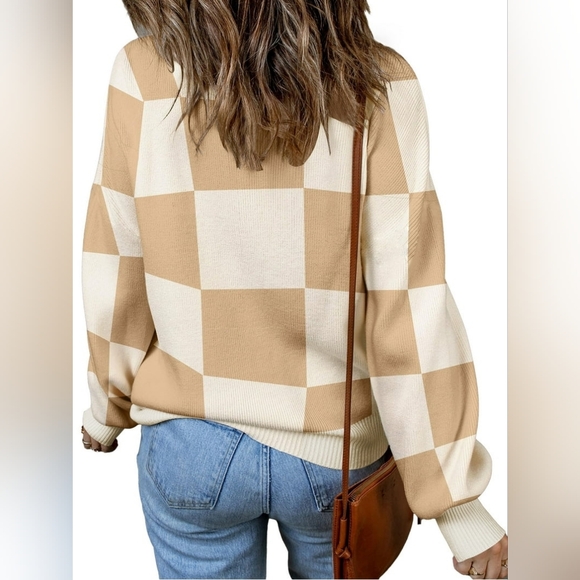 MOSHU Oversized Sweaters for Women Drop Shoulder Plaid Colorblock Tops - Picture 3 of 4